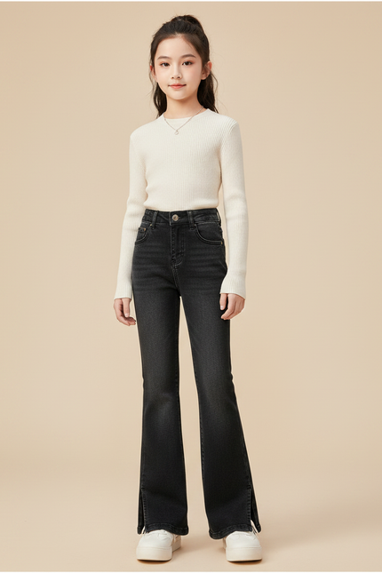 Pantalon Patte D'Éléphant Noir Denim Fendu Fille Élégant - Jean