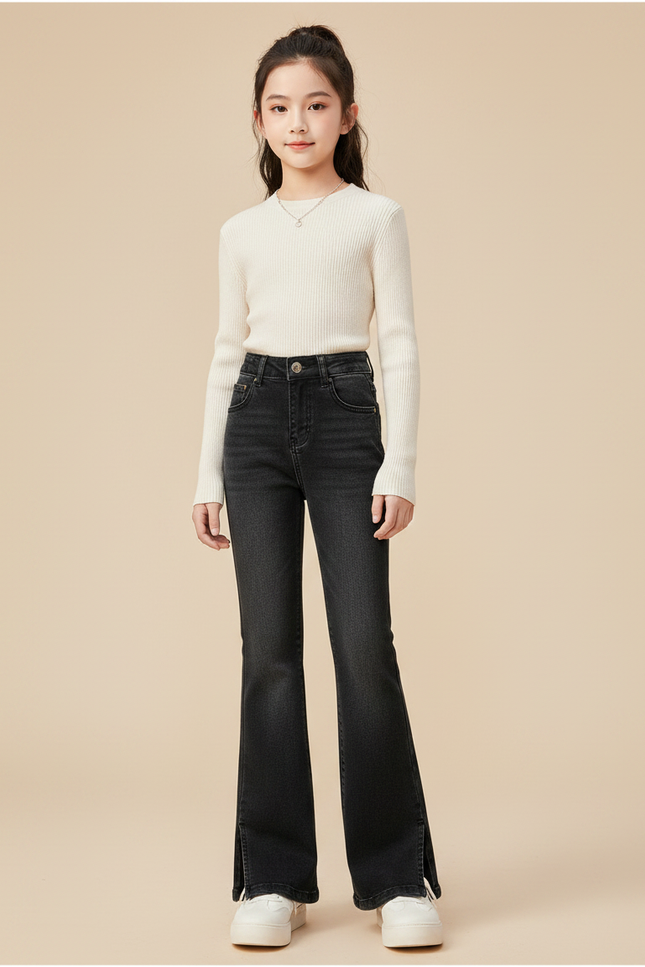 Pantalon Patte D'Éléphant Noir Denim Fendu Fille Élégant - Jean