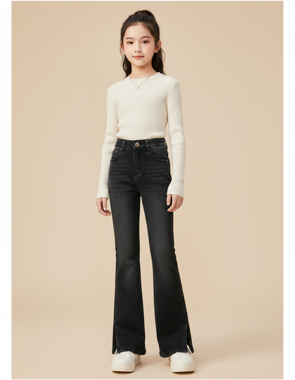 Pantalon Patte D'Éléphant Noir Denim Fendu Fille Élégant - Jean