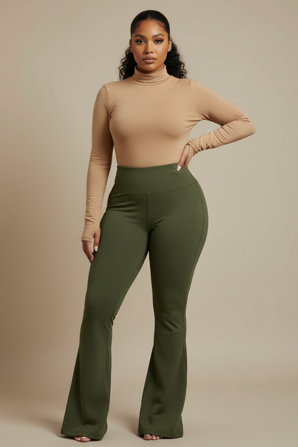 Pantalon Patte D'Éléphant Vert Kaki Taille Haute Ajusté Sportif - Polyester