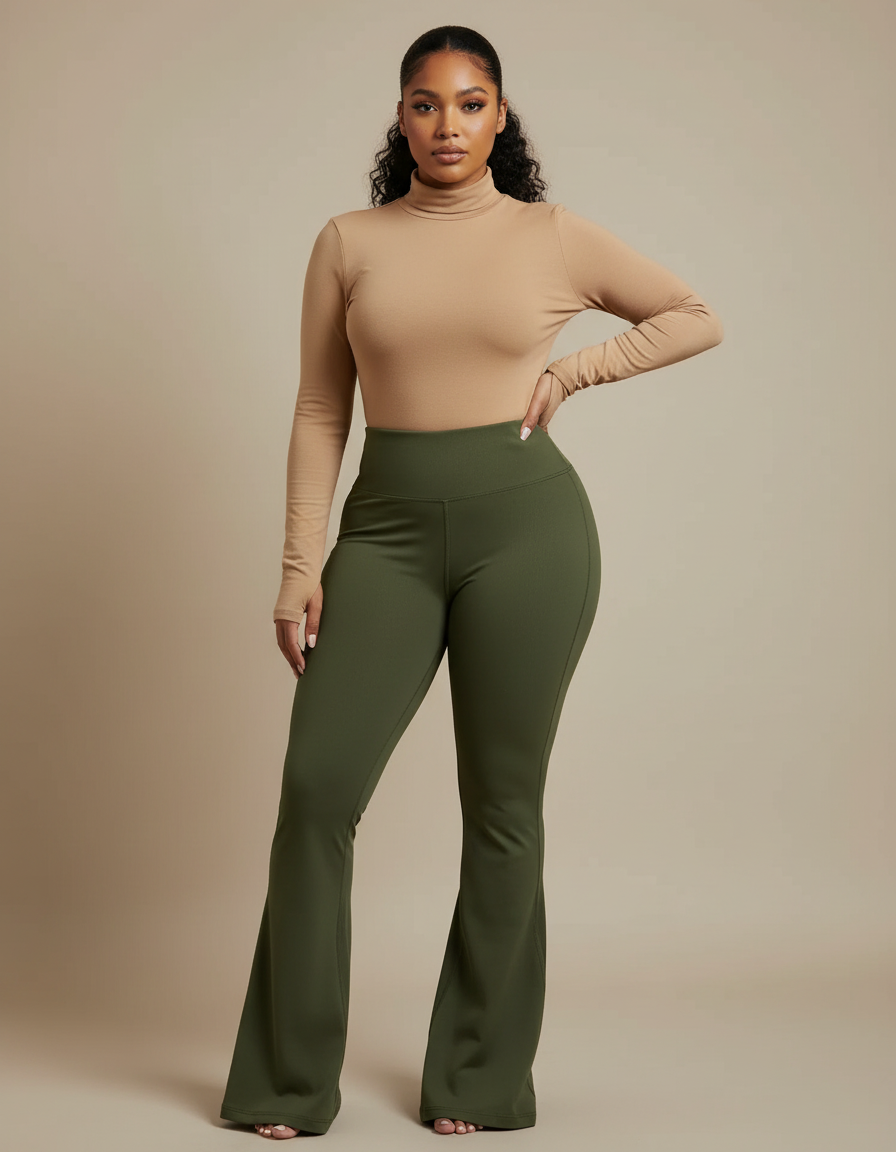 Pantalon Patte D'Éléphant Vert Kaki Taille Haute Ajusté Sportif - Polyester