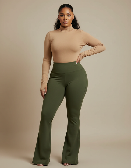 Pantalon Patte D'Éléphant Vert Kaki Taille Haute Ajusté Sportif - Polyester