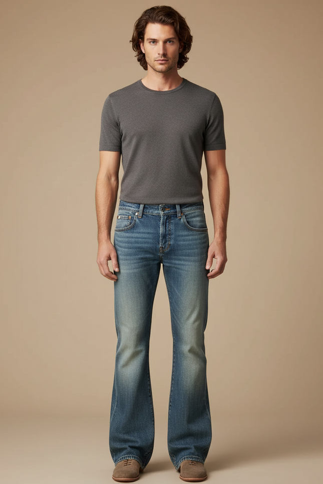 Pantalon Patte D'Éléphant Homme, Jean Bleu Délavé Classique