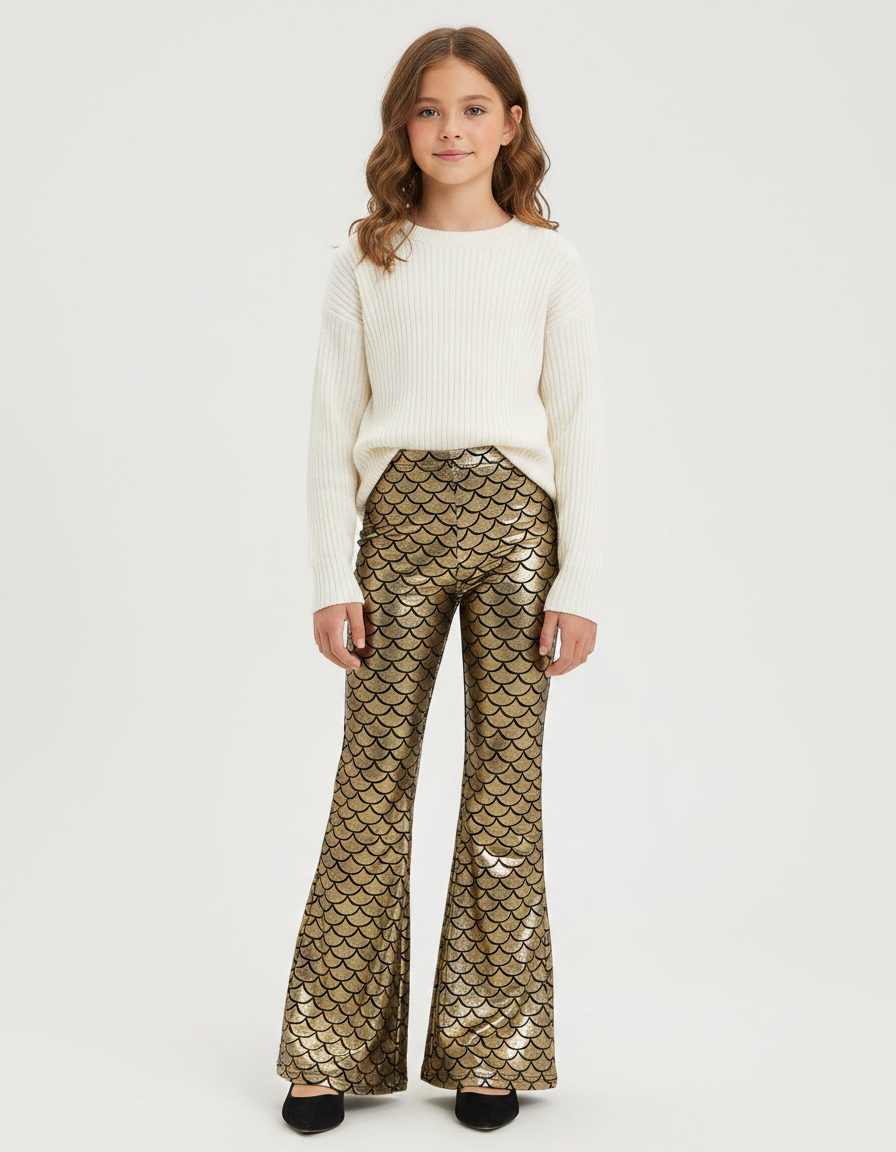 Pantalon Patte D'Éléphant Doré Écailles Brillant Évasé Fille - Polyester
