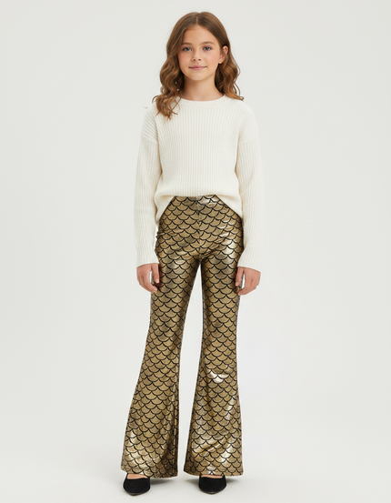 Pantalon Patte D'Éléphant Doré Écailles Brillant Évasé Fille - Polyester