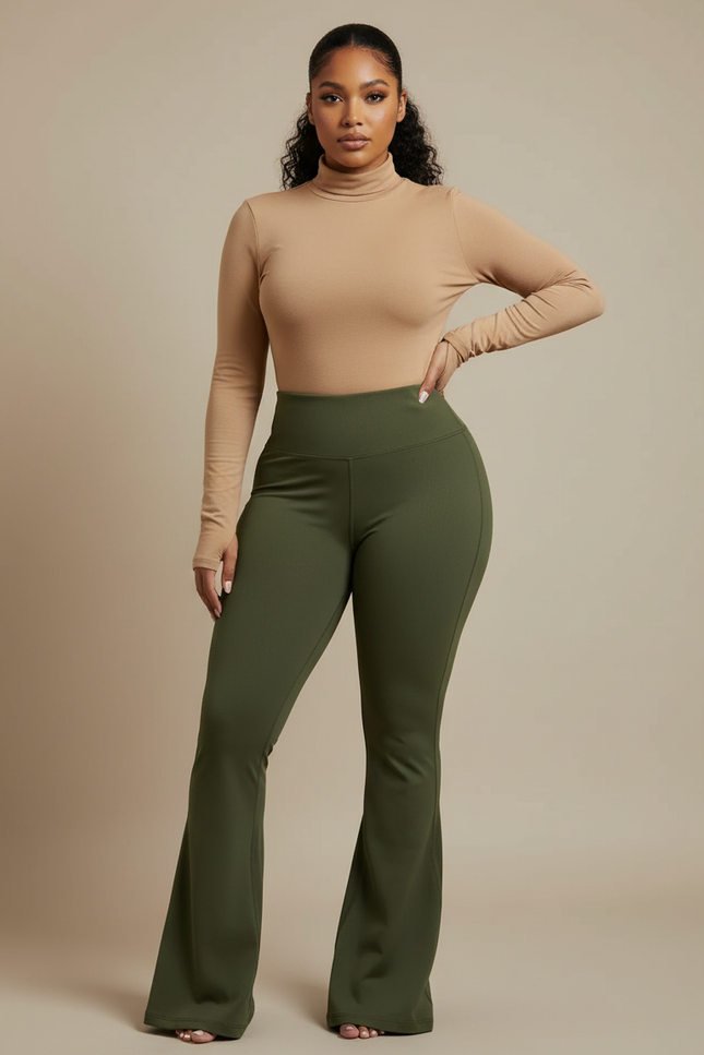 Pantalon Patte D'Éléphant Vert Kaki Taille Haute Ajusté Sportif - Polyester