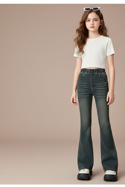 Pantalon Patte D'Éléphant Jean Délavé Taille Haute Élastique - Vert