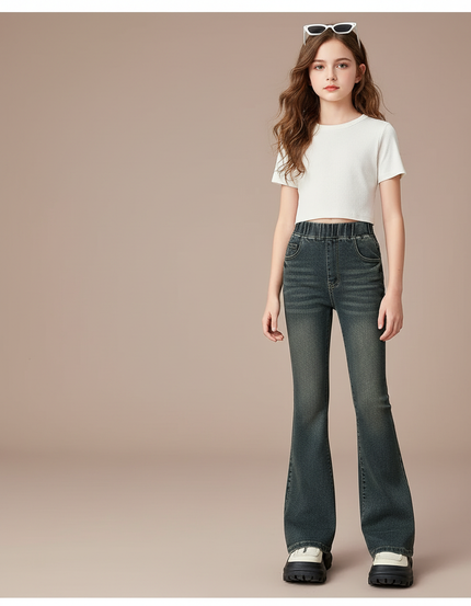 Pantalon Patte D'Éléphant Jean Délavé Taille Haute Élastique - Vert