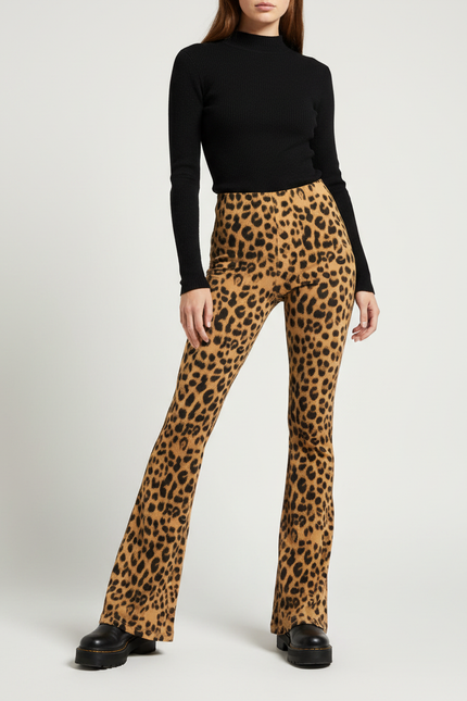 Pantalon Patte D'Éléphant Léopard Imprimé Taille Haute Élasthanne - Maille