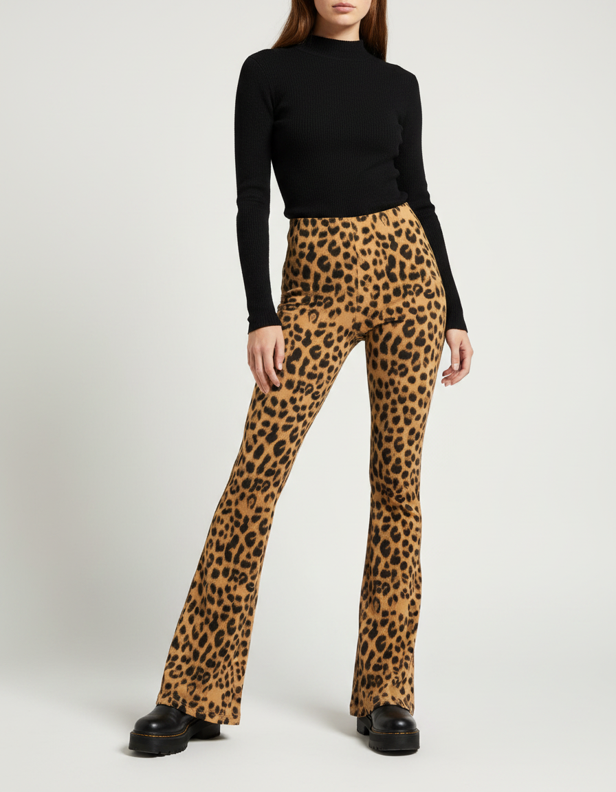 Pantalon Patte D'Éléphant Léopard Imprimé Taille Haute Élasthanne - Maille