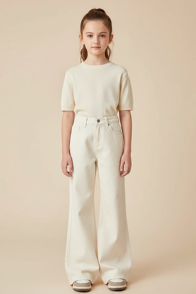 Pantalon Patte D'Éléphant Écru Ample Décontracté Taille Haute - Beige Jean