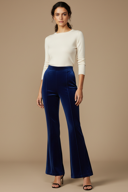 Pantalon Patte D'Éléphant Velours Bleu Évasé Taille Haute