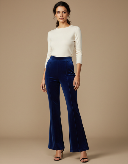 Pantalon Patte D'Éléphant Velours Bleu Évasé Taille Haute