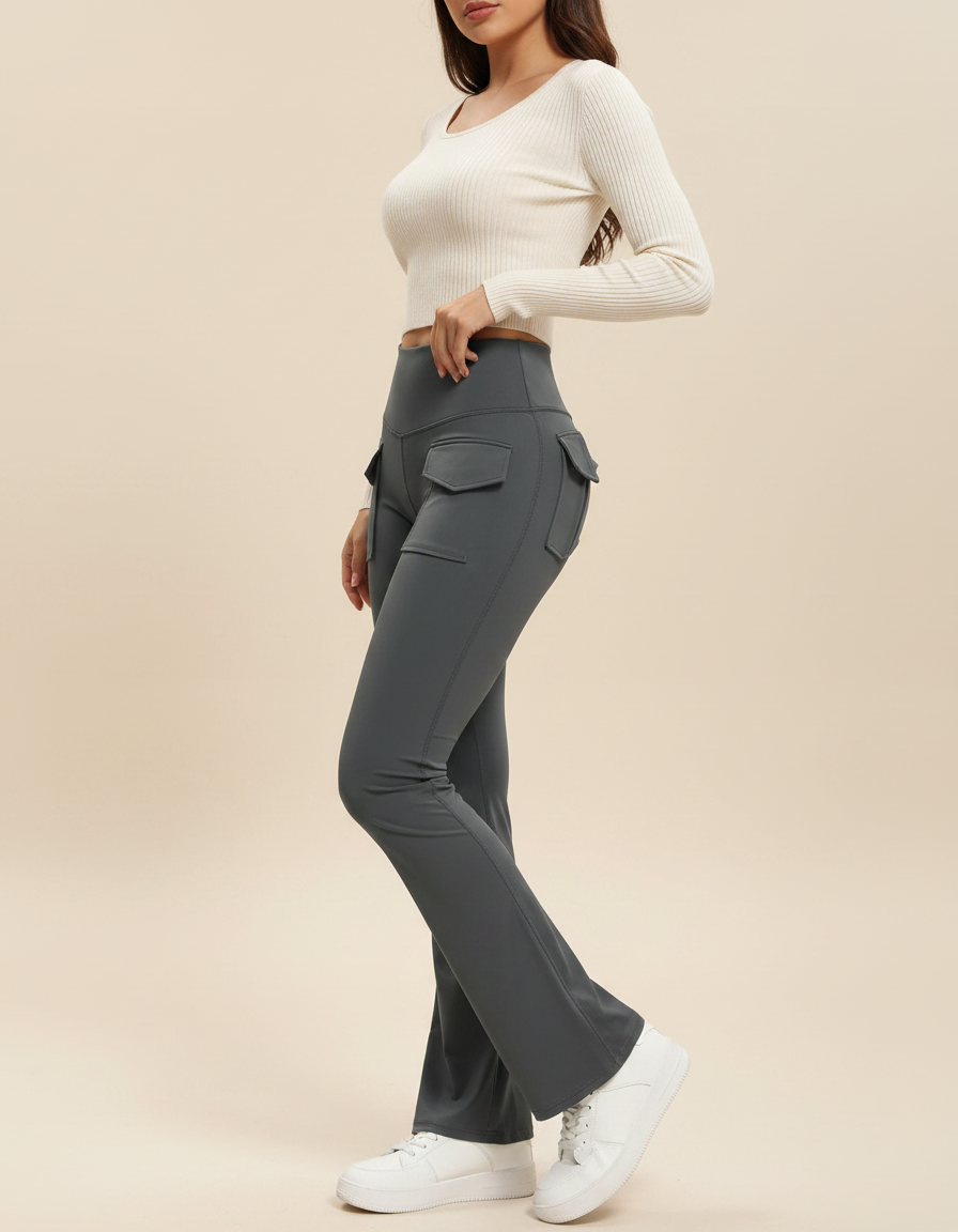 Pantalon Patte D'Éléphant Gris Taille Haute Poches Évasé - Polyester