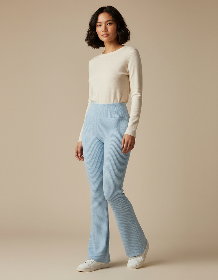 Pantalon Cotelé Femme Patte D'éléphant - Bleu Maille