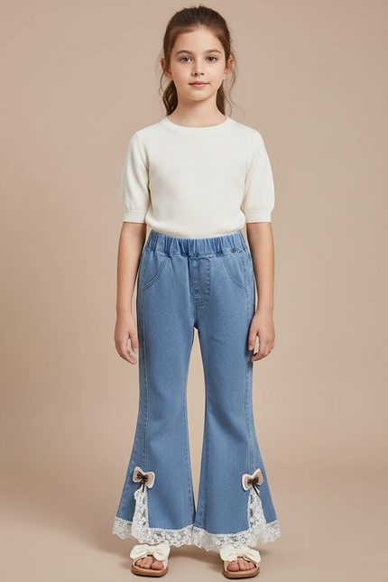 Pantalon Patte D'Éléphant Jean Évasé Dentelle Papillon Fille - Bleu