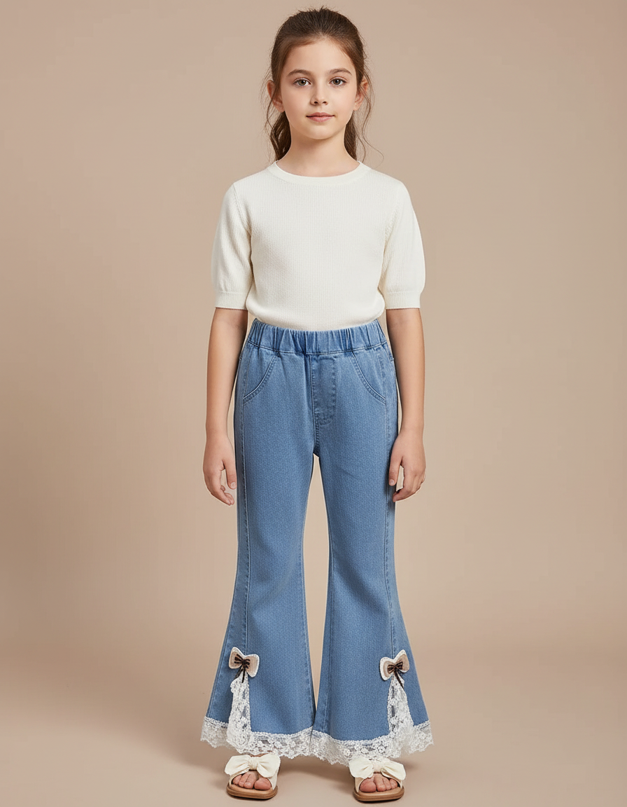 Pantalon Patte D'Éléphant Jean Évasé Dentelle Papillon Fille - Bleu