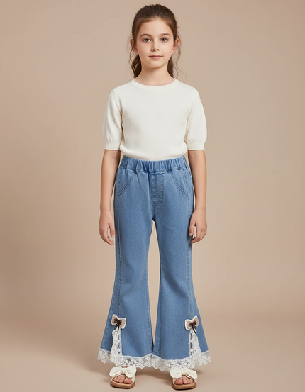 Pantalon Patte D'Éléphant Jean Évasé Dentelle Papillon Fille - Bleu