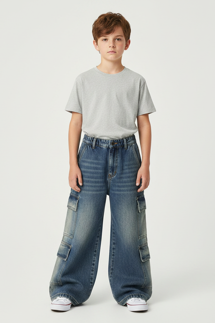 Pantalon Patte D'Éléphant Jean Cargo Bleu Délavé Garçon Ample