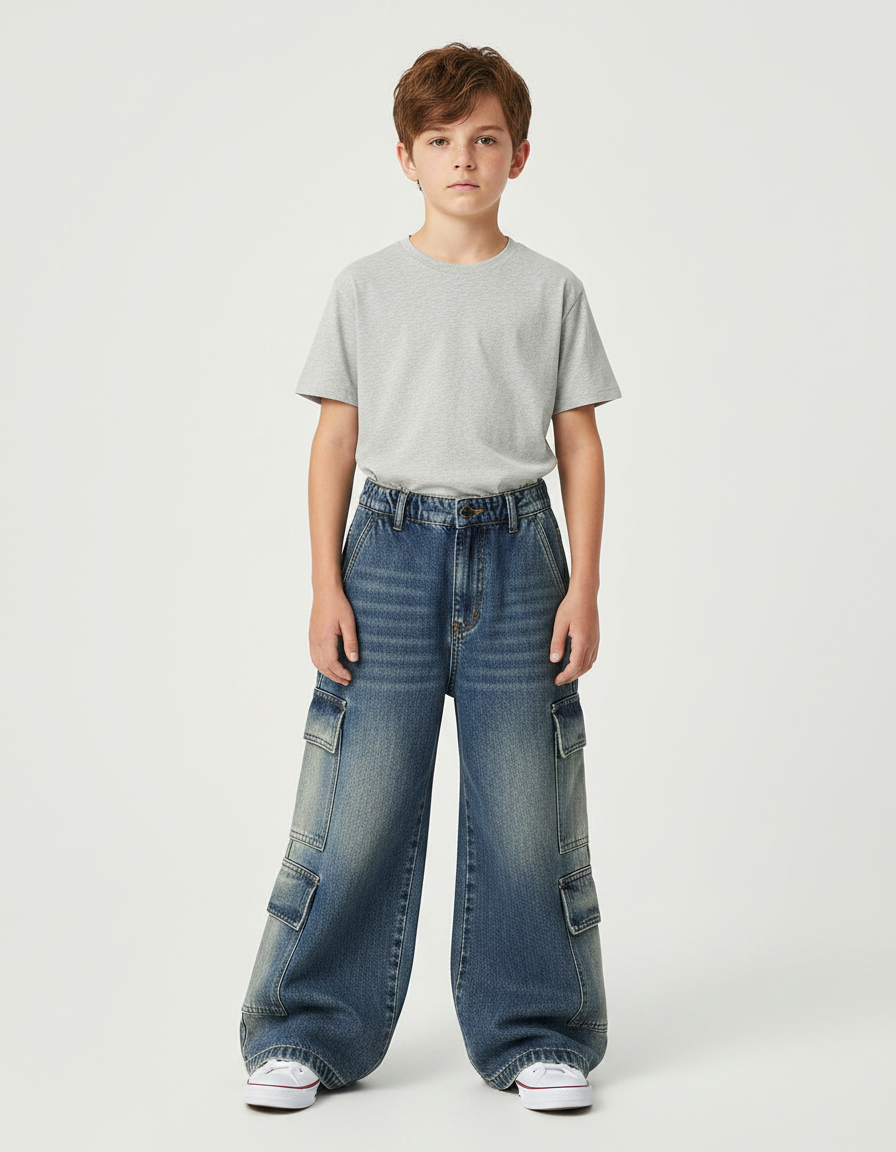 Pantalon Patte D'Éléphant Jean Cargo Bleu Délavé Garçon Ample