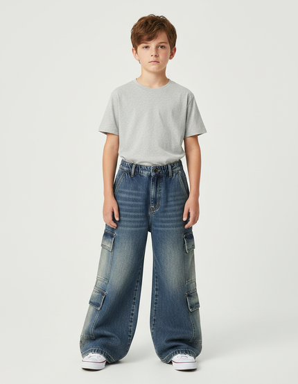 Pantalon Patte D'Éléphant Jean Cargo Bleu Délavé Garçon Ample