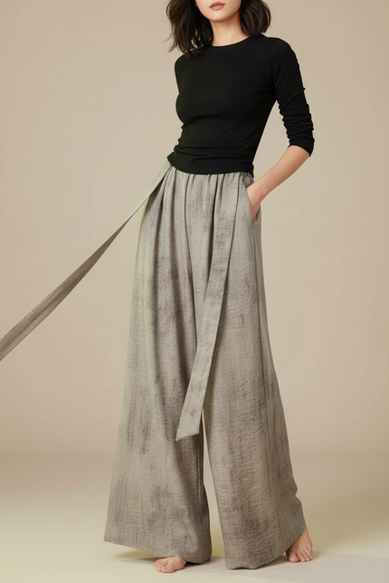 Pantalon Patte D'Éléphant Lin Ample Gris Ceinturé Fluide
