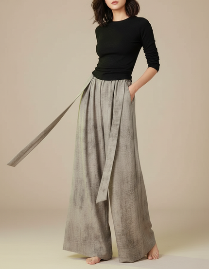 Pantalon Patte D'Éléphant Lin Ample Gris Ceinturé Fluide