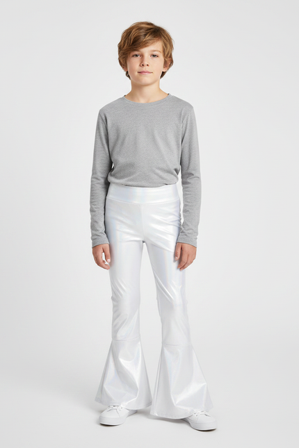 Pantalon Patte D'Éléphant Blanc Brillant Métallique Évasé Enfant - Simili cuir