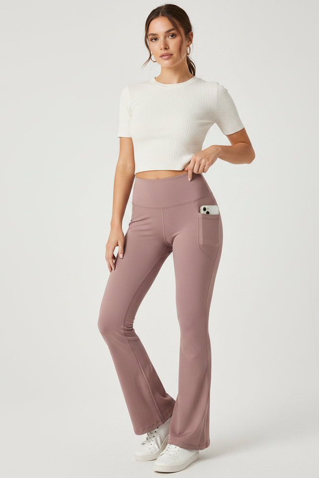 Pantalon Patte D'Éléphant Rose Taille Haute Évasé Yoga - Polyester