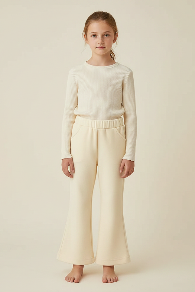 Pantalon Patte D'Éléphant Crème Côtelé Évasé Enfant Confortable - Beige Molleton