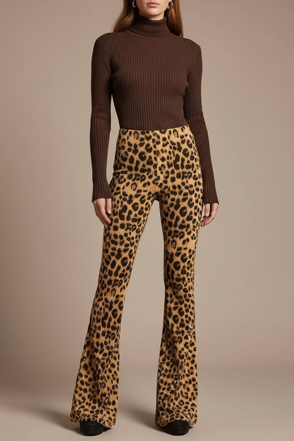 Pantalon Patte D'Éléphant Léopard Imprimé Taille Haute Évasé - Maille