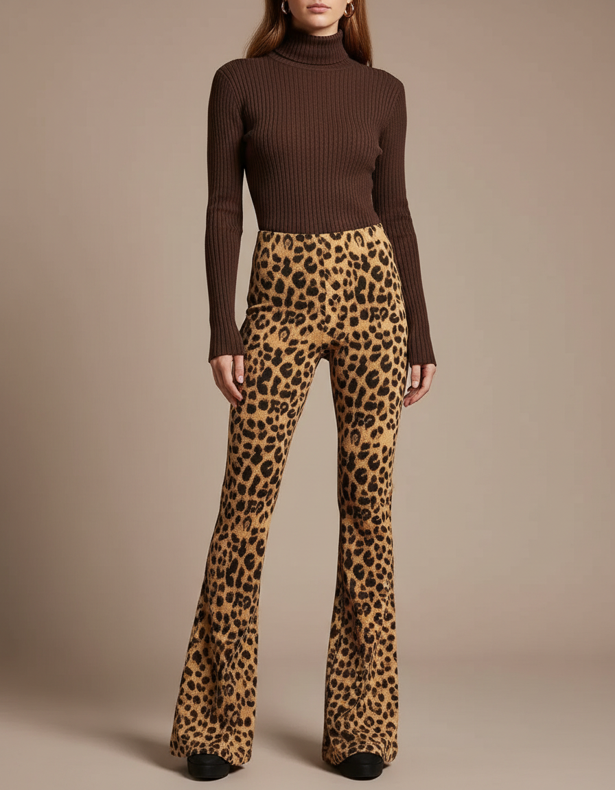 Pantalon Patte D'Éléphant Léopard Imprimé Taille Haute Évasé - Maille