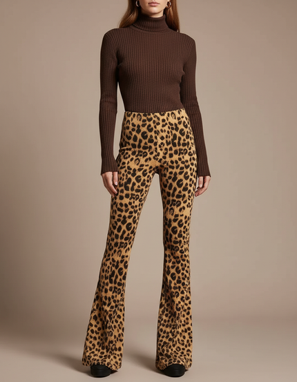 Pantalon Patte D'Éléphant Léopard Imprimé Taille Haute Évasé - Maille