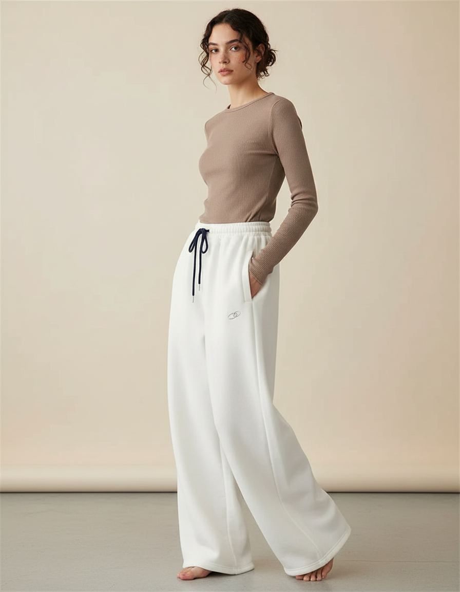 Pantalon Patte D'Éléphant Blanc Ample Molletonné Décontracté Brodé