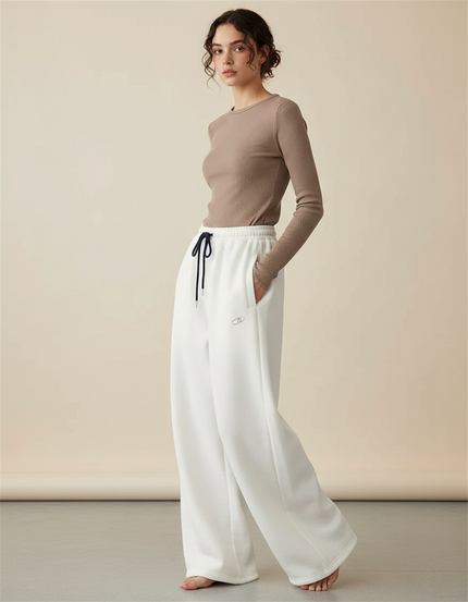 Pantalon Patte D'Éléphant Blanc Ample Molletonné Décontracté Brodé