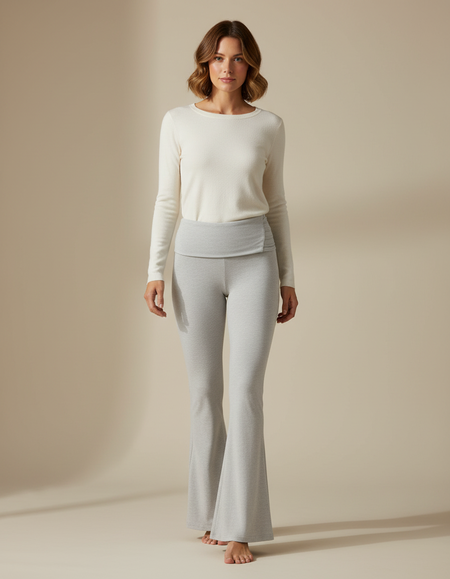 Pantalon Patte D'Éléphant Gris Clair Confortable Évasé Femme - Molleton
