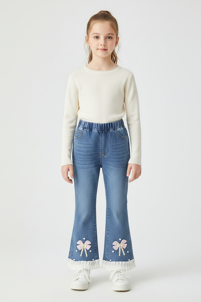 Pantalon Patte D'Éléphant Denim Bleu Nœuds Brodés Fille - Jean