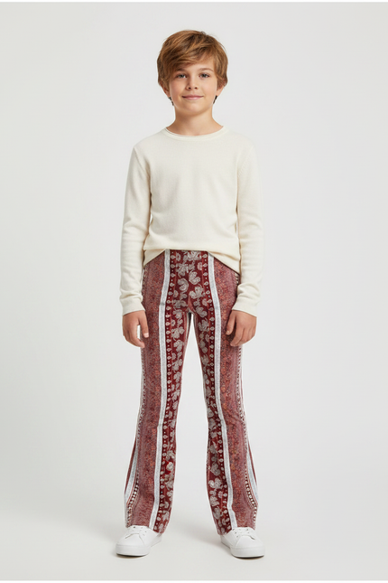 Pantalon Patte D'Éléphant Imprimé Paisley Rouge Élasthanne Confortable - Bordeaux Maille