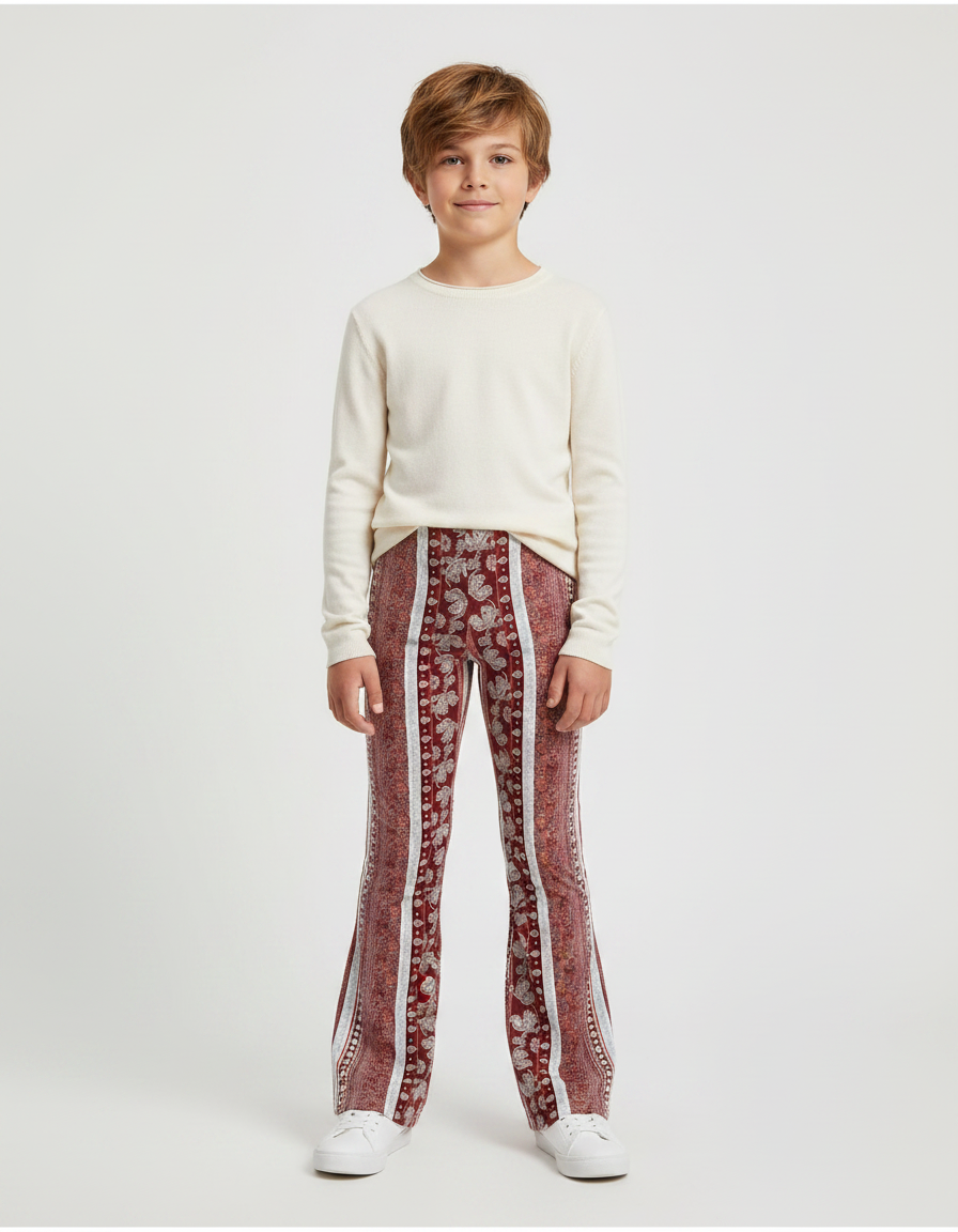 Pantalon Patte D'Éléphant Imprimé Paisley Rouge Élasthanne Confortable - Bordeaux Maille