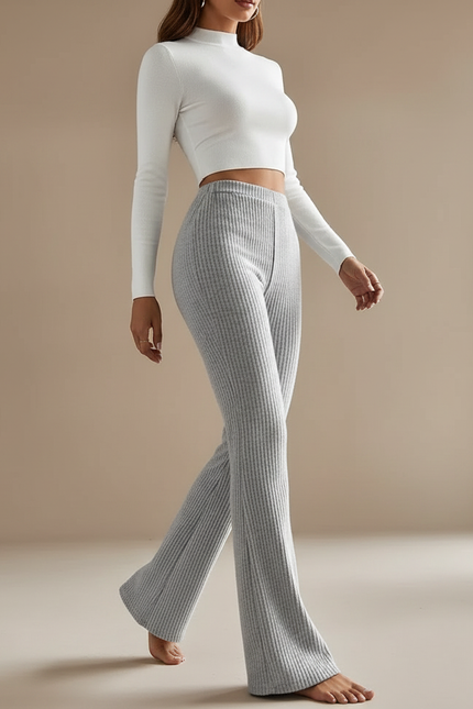 Pantalon Patte D'Éléphant Gris Côtelé Tricoté Confortable Femme - Maille