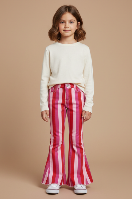 Pantalon Patte D'Éléphant Rayures Roses Rouges Évasé Fille - Multicolore Jean