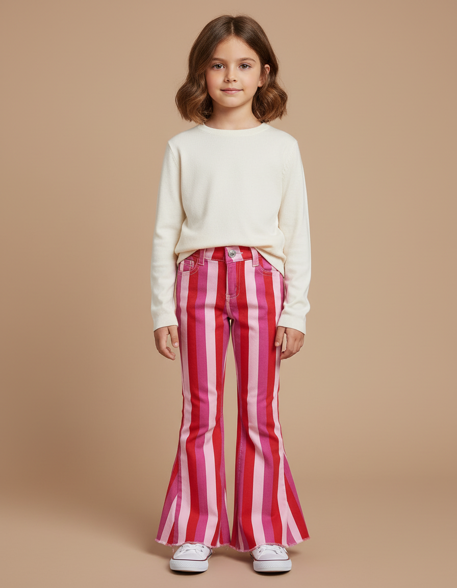 Pantalon Patte D'Éléphant Rayures Roses Rouges Évasé Fille - Multicolore Jean