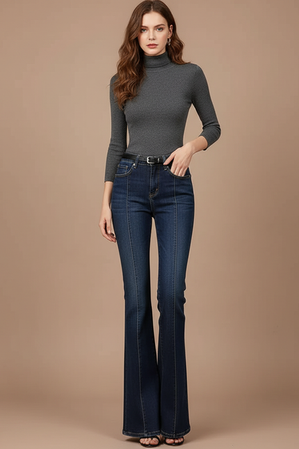 Pantalon Patte D'Éléphant Bleu Foncé Taille Haute Évasé - Marine Jean