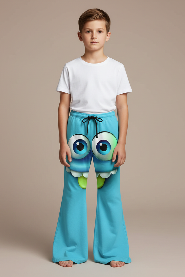 Pantalon Patte D'Éléphant Bleu Imprimé Monstre Amusant Enfant - Molleton