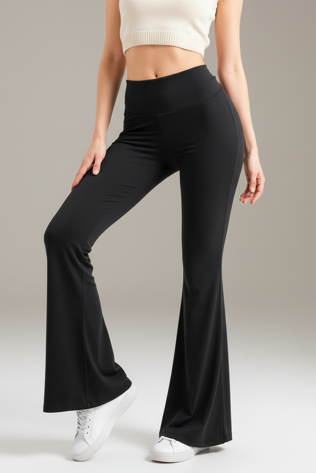 Pantalon Patte D'Éléphant Noir Évasé Taille Haute Stretch Confortable - Polyester