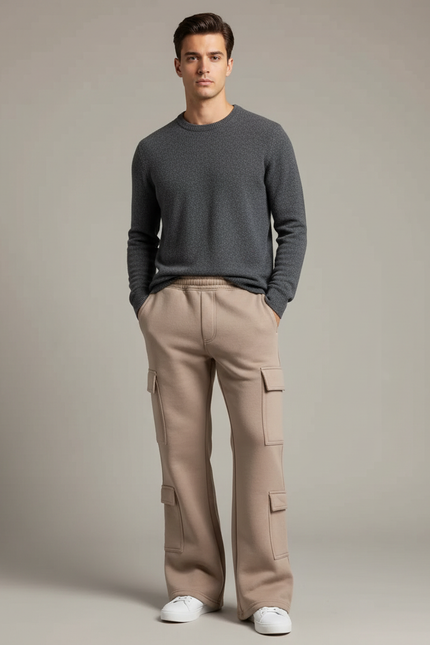 Pantalon Patte D'Éléphant Beige Cargo Ample Décontracté Homme - Molleton