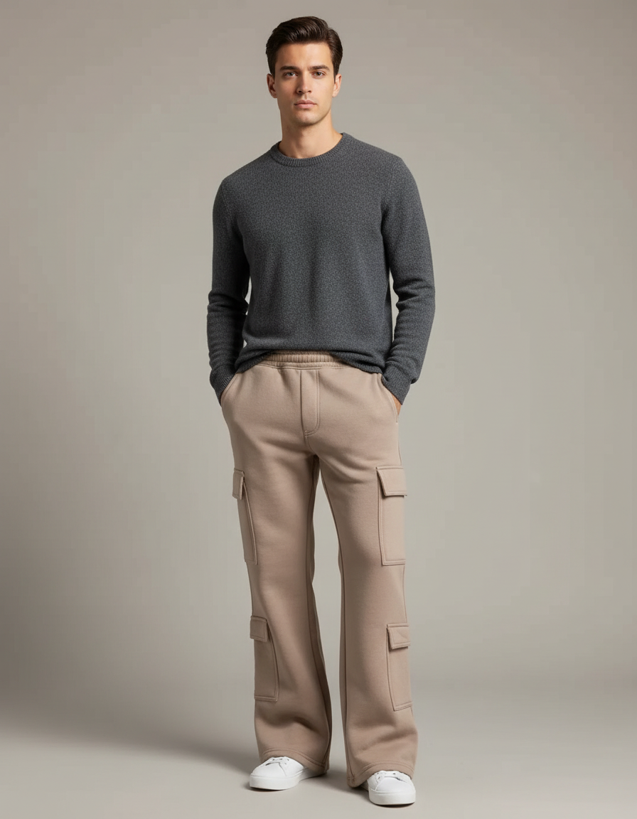 Pantalon Patte D'Éléphant Beige Cargo Ample Décontracté Homme - Molleton