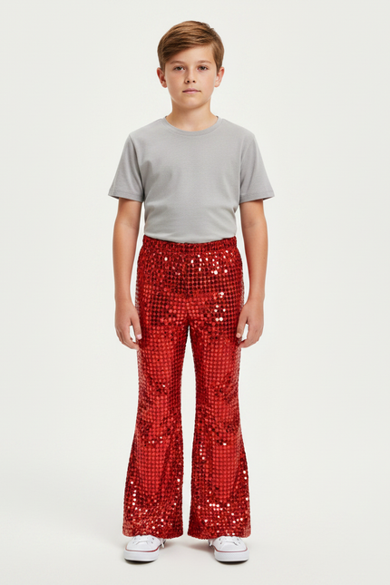 Pantalon Patte D'Éléphant Rouge Pailleté Évasé Enfant Brillant - Polyester