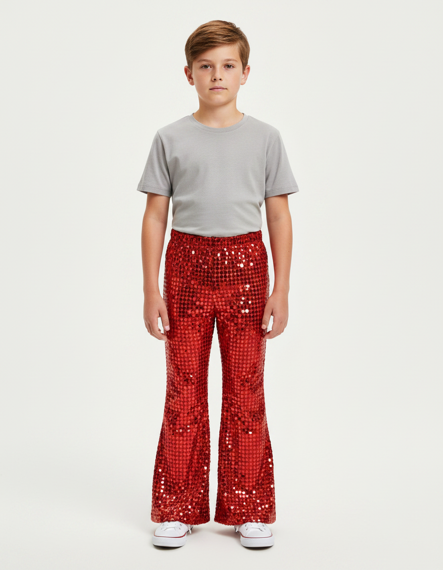 Pantalon Patte D'Éléphant Rouge Pailleté Évasé Enfant Brillant - Polyester