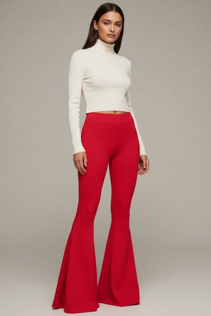 Pantalon Patte D'Éléphant Rouge Évasé Taille Haute Slim - Maille